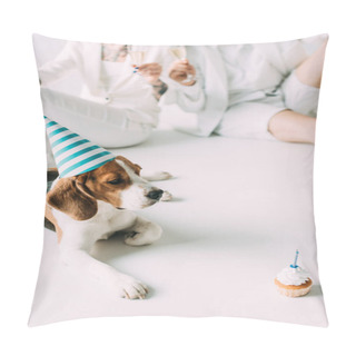 Personality  Selective Focus Of Cute Beagle Dog In Party Cap Looking At Cupcake Near Couple With Glasses Of Champagne On Grey Background  Pillow Covers