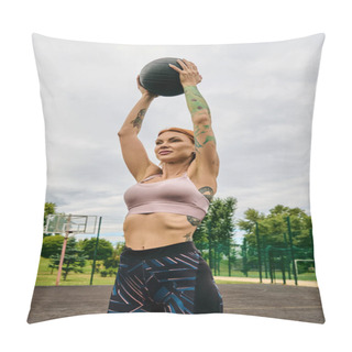 Personality  A Woman In Sportswear, Holding A Medicine Ball, Trains Outdoors Pillow Covers