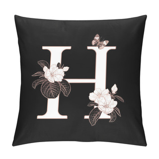 Personality  Letter H, Flowers Flowering Sakura Branches And Butterfly Isolated. Vector Decoration. Black, White And Gold. Vintage Illustration. Floral Pattern For Greetings, Wedding Invitations, Text Design. Pillow Covers