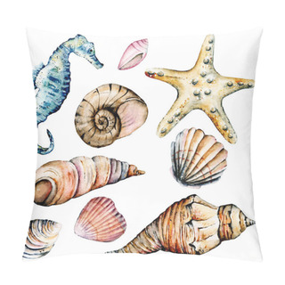 Personality  Seashells Set, Marine Scenery. Watercolor Seahorse, Starfish And Other Shells. Pillow Covers