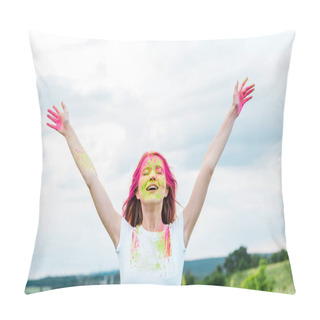 Personality  Young Woman With Closed Eyes, Pink And Green Holi Paint On Outstretched Hands  Pillow Covers