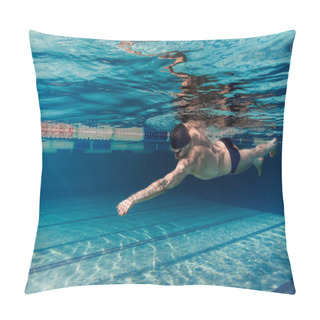 Personality  Underwater Picture Of Young Swimmer In Cap And Goggles Training In Swimming Pool Pillow Covers