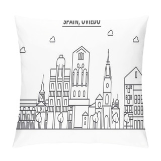 Personality  Spain, Oviedo Architecture Line Skyline Illustration. Linear Vector Cityscape With Famous Landmarks, City Sights, Design Icons. Landscape Wtih Editable Strokes Pillow Covers