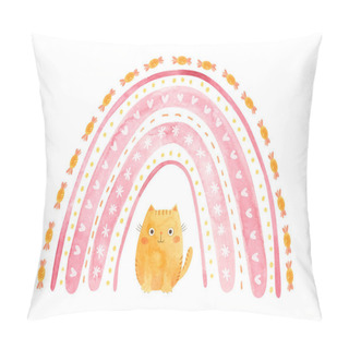 Personality  Pink Rainbow With A Plump Ginger Cat. Cute Watercolor Illustration. Pillow Covers