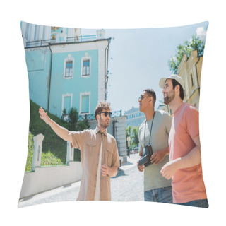 Personality  African American Tourist With Vintage Camera Looking Away Near Bearded Man And Tour Guide Pointing With Hand On Andrews Descent In Kyiv Pillow Covers