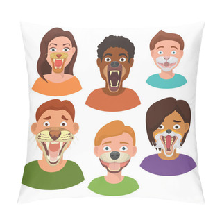 Personality  Wild Animals Faces On People Heads Monsters Vector Illutration. Creative Set Of Half Animals Faces With Human Body. Expression Of Wild Animal Anger, Threat And Danger. Pillow Covers