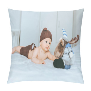 Personality  Infant Child In Knitted Deer Shorts And Hat Playing With Toy Moose In Bed Pillow Covers