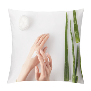 Personality  Cropped Image Of Woman Applying Cream On Hands, Aloe Vera Leaves And Cream In Container On White Surface Pillow Covers