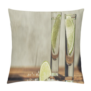 Personality  Fresh Tequila With Lime And Salt On Wooden Surface In Sunlight, Panoramic Shot Pillow Covers