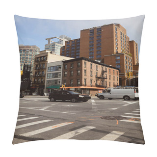 Personality  Cars Moving On Traffic Intersection With Crosswalk On Wide Avenue In Downtown Of New York City Pillow Covers