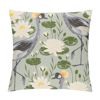 Personality  Seamless Pattern With Crane Bird And Water Lily. Oriental Motif. Vintage Hand Drawn Vector Illustration In Watercolor Style Pillow Covers