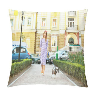 Personality  Young Woman Walking Her Dog Pillow Covers