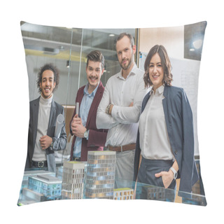 Personality  Group Of Happy Architects Standing Next To Building Models At Office Pillow Covers