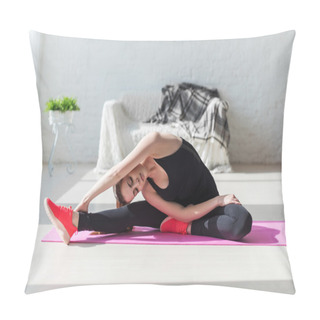 Personality  Fit Woman High Body Flexibility Stretching Her Leg And Back To Warm Up Doing Aerobics Gymnastics Exercises At Home Pillow Covers