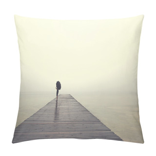 Personality  Woman With Umbrella Contemplates Peacefully In Front Of Sea Pillow Covers