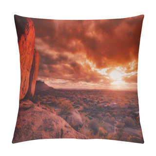Personality  Giant Boulders On Mountain View Overlook Valley With Wild Stormy Cloudscape At Sunset. Pillow Covers