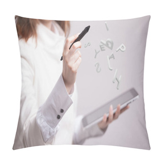 Personality  Woman Working With A Set Of Letters, Writing Concept. Pillow Covers