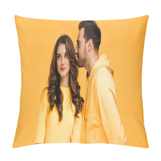 Personality  Boyfriend Whispering In Ear Of Happy Girlfriend Isolated On Yellow  Pillow Covers