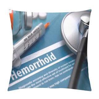 Personality  Hemorrhoid. Medical Concept On Blue Background. Pillow Covers