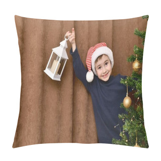 Personality  Smiling Kid, With An Enthusiastic Face, In A Striped Santa Claus Cap, Suddenly Looked Out From Behind The Christmas Tree With A Lantern, In A High Pitched Hand. Pillow Covers