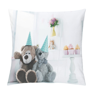 Personality  Teddy Bears In Cones On Table With Gift Box And Cupcakes  Pillow Covers