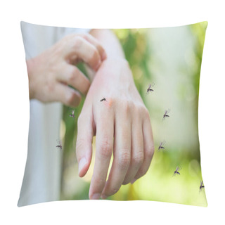 Personality  Man Itching And Scratching On Hand From Allergy Skin Rash Cause By Mosquitoes Bite Pillow Covers