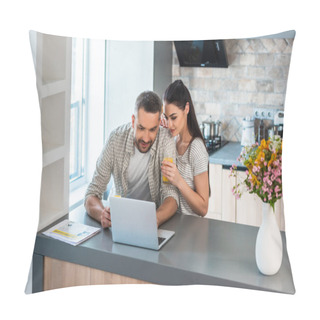 Personality  Portrait Of Married Couple Using Laptop Together At Counter In Kitchen Pillow Covers