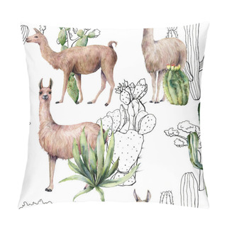 Personality  Watercolor Seamless Pattern With Llama And Desert Cacti. Hand Painted Botanical Illustration With Lama Animal And Plants On Blue Background. For Design, Print, Fabric Or Background. Pillow Covers