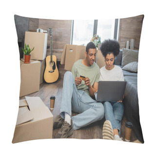 Personality  African American Couple Doing Online Shopping Near Coffee To Go And Cardboard Boxes In New House Pillow Covers