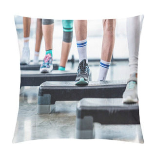 Personality  Partial View Of Sportspeople Doing Exercise On Step Platforms At Gym Pillow Covers