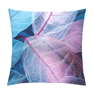 Personality  Macro Leaves Background Texture Blue, Turquoise, Pink Color. Transparent Leaves Of The Skeleton. Generate Ai Pillow Covers