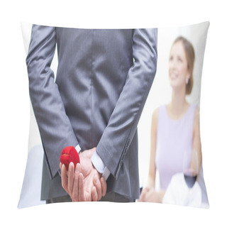 Personality  Close Up Of Man Hiding Red Box Behind From Woman Pillow Covers