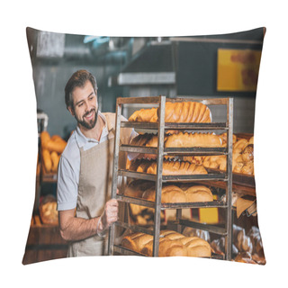 Personality  Smiling Male Shop Assistant Arranging Fresh Pastry In Supermarket Pillow Covers