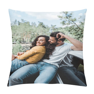 Personality  Bearded Man Sitting And Looking At Happy Girl In Woods  Pillow Covers