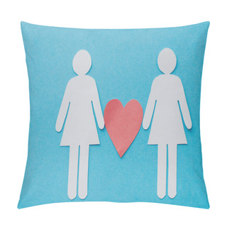 Personality  Top View Of Paper Cut Figures Of Homosexual Couple Isolated On Blue, Sexual Equality Concept  Pillow Covers