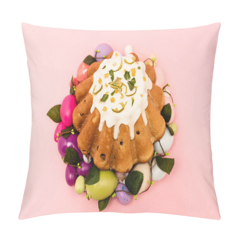 Personality  High angle view of colorful wreath with tasty easter cake on pink background pillow covers