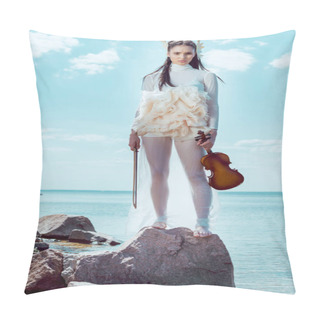 Personality  Low Angle View Of Elegant Woman In White Swan Costume With Violin Standing On Blue River And Sky Background Pillow Covers