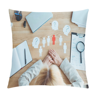 Personality  Top View Of Woman With Clenched Hands Near Paper Shapes And Blank Notebook On Table  Pillow Covers