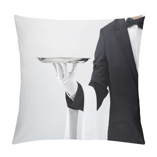 Personality  Waiter Holding Empty Silver Tray Over Gray Background Pillow Covers