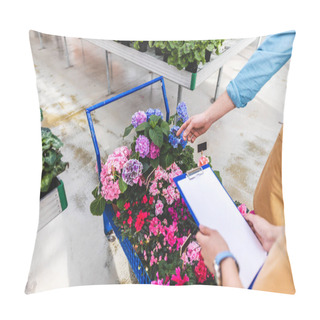 Personality  Close-up View Of Gardeners With Clipboard Filling Order In Greenhouse Pillow Covers