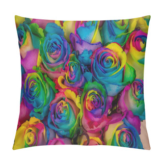 Personality  Close Up Of A Bouquet Of Tinted Rainbow Roses Variety, Studio Shot, Multicolored Flowers Pillow Covers