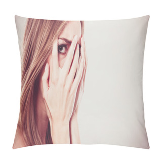 Personality  Afraid Frightened Woman Peeking Through Her Fingers Pillow Covers