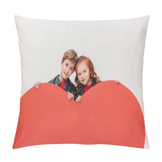 Personality  Happy Bonding Little Kids Behind Large Red Heart Isolated On Grey Pillow Covers