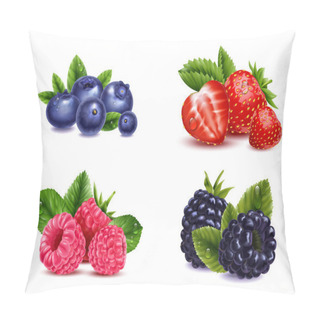 Personality  Realistic Berries Transparent Set With Isolated Images Of Raspberry Strawberry Blackberry And Cranberry Berries With Leaves Vector Illustration Pillow Covers