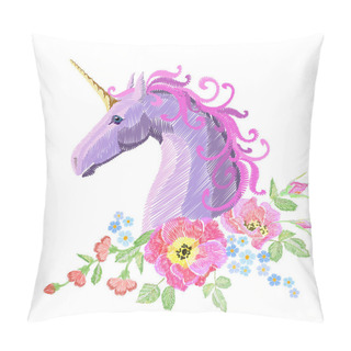 Personality  Magic Unicorn Embroidery Crewel Patch Sticker Fabric Print Textile. Flower Poppy Arrangement Stitch Texture White Background. Fantasy Girl Pink Horse Head Vector Illustration Pillow Covers