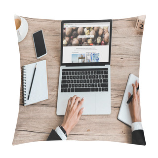 Personality  KYIV, UKRAINE - JULY 23, 2019: Top View Of Woman Using Laptop With Depositphotos Website Near Smartphone With Blank Screen Pillow Covers