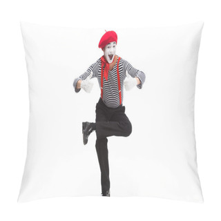 Personality  Funny Mime Performing On One Leg And Showing Thumbs Up Isolated On White Pillow Covers