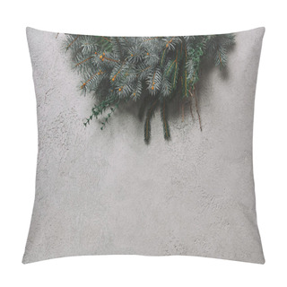 Personality  Cropped Image Of Fir Wreath For Christmas Decoration Hanging On Grey Wall In Room Pillow Covers