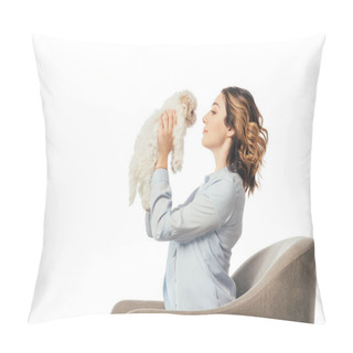 Personality  Side View Of Woman Holding Havanese Puppy And Sitting On Armchair Isolated On White Pillow Covers