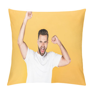 Personality  Happy Handsome Man In White T-shirt Showing Yes Gesture Isolated On Yellow Pillow Covers